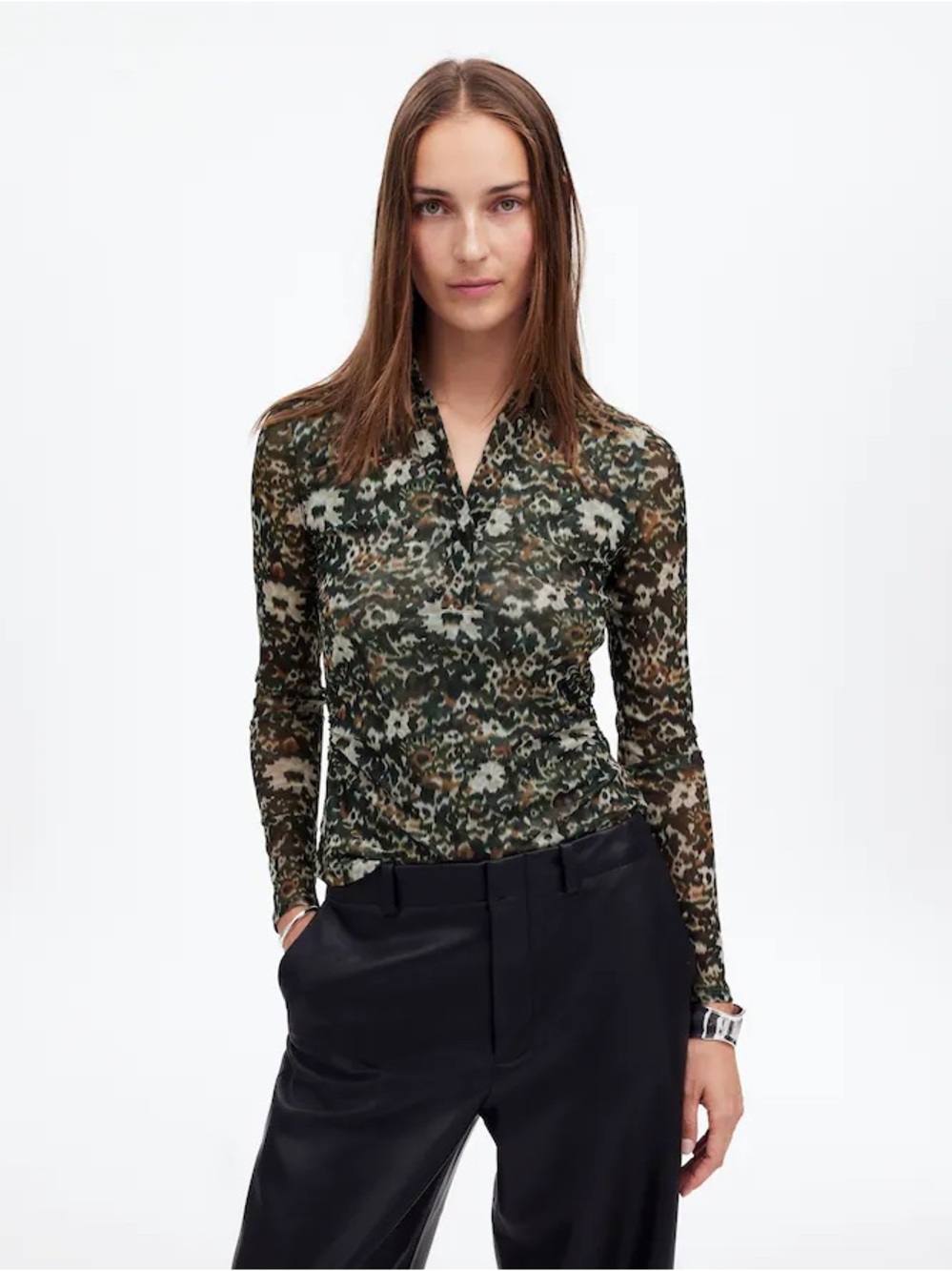 Madewell Olive Green Floral Sheer Long-Sleeve Top